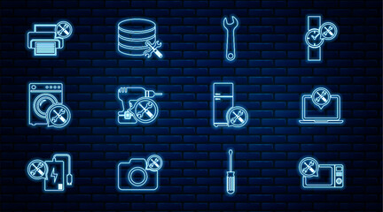 Poster - Set line Microwave oven service, Laptop, Wrench, Drill machine, Washer, Printer, Refrigerator and Database server icon. Vector