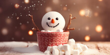 Marshmallow Snowman In Hot Cocoa Or Hot Chocolate Drink With Melted Snowman. Cute Funny Christmas Breakfast Drink For Kids. Generative AI.