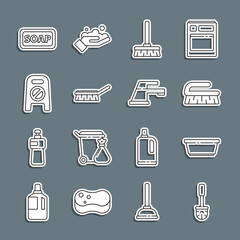 Sticker - Set line Toilet brush, Plastic basin, Brush for cleaning, Handle broom, Wet floor progress, Bar of soap and Water tap icon. Vector