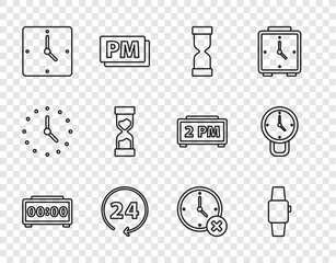 Poster - Set line Digital alarm clock, Smartwatch, Old hourglass, Clock 24 hours, delete and icon. Vector