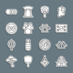 Sticker - Set line Korean temple, Kimono, South flag, hand fan, won coin, Sushi and icon. Vector