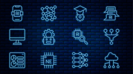 Poster - Set line Network cloud connection, Funnel filter, Graduation cap, Robot setting, Computer monitor, Artificial intelligence AI, Processor CPU and Neural network icon. Vector