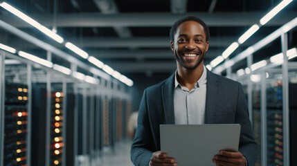 Portrait of Black Man with digital tablet. Internet Security Concept. Data Cloud Protection Network, Server Room backdrop, Ai Generative