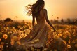 Piękna dziewczyna w zwiewnej sukience na polanie pełnej żółtych kwiatów 