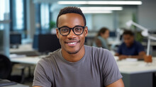 Black Businessman In Casual Wear Glasses In Nice Modern Office. Man Look At The Camera And Smile. Concept Of Success In Business. Ai Generative.