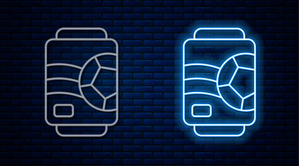 Poster - Glowing neon line Beer can icon isolated on brick wall background. Vector