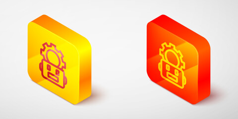 Poster - Isometric line Robot setting icon isolated on grey background. Artificial intelligence, machine learning, cloud computing. Yellow and orange square button. Vector