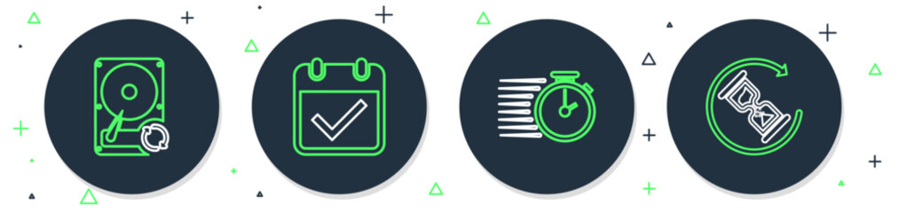 Poster - set line calendar with check mark, stopwatch, hard disk drive hdd sync refresh and waiting icon. vec
