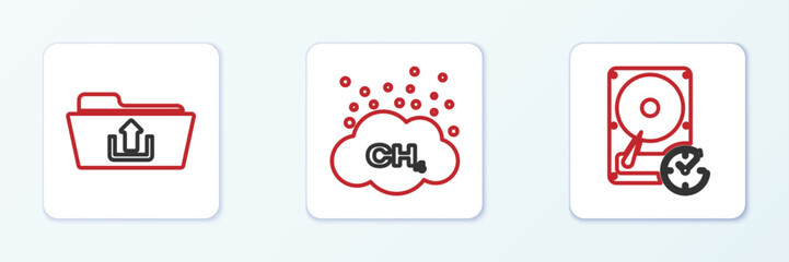 Poster - set line hard disk drive with clockwise, folder upload and methane emissions reduction icon. vector