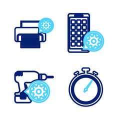 Sticker - Set line Stopwatch, Drill machine setting, Mobile Apps and Printer icon. Vector