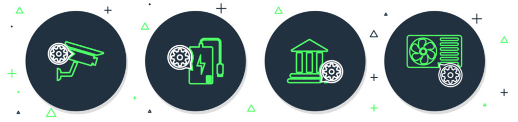 Poster - Set line Power bank setting, Bank building, Security camera and Air conditioner icon. Vector
