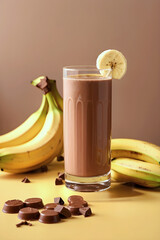 Wall Mural - A glass of tasty chocolate smoothie with banana and chocolate bars.