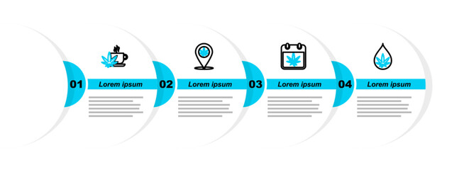 Poster - Set line Marijuana or cannabis leaf oil, Calendar and marijuana, Location and Cup tea with icon. Vector