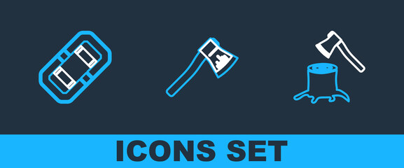 Poster - Set line Wooden axe in stump, Rafting boat and icon. Vector