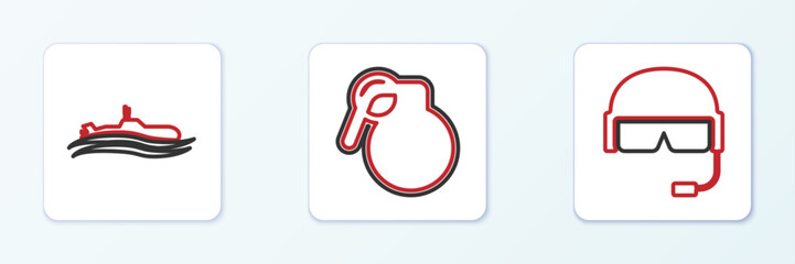 Poster - Set line Military helmet, Submarine and Hand grenade icon. Vector
