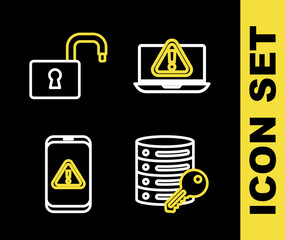 Poster - Set line Laptop with exclamation mark, Server security key, Mobile and Open padlock icon. Vector
