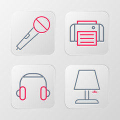 Sticker - Set line Table lamp, Headphones, Printer and Microphone icon. Vector