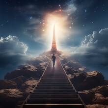 Mystical Scene, A Wanderer Guy Confidently Walks Along A Surreal Road And Finds A Magical Staircase Leading To A Door To Heaven. 