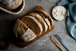 Sliced sourdough bread top view background flat food photography