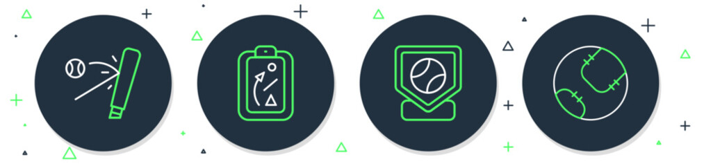 Sticker - Set line Planning strategy, Baseball base, bat with and icon. Vector