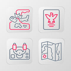 Sticker - Set line World travel map, Aircraft steering helm, Passport and Plane crash icon. Vector