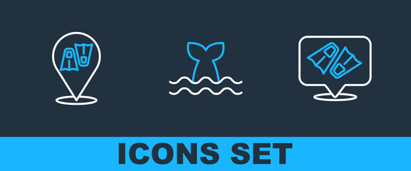 Canvas Print - Set line Flippers for swimming, and Whale tail icon. Vector