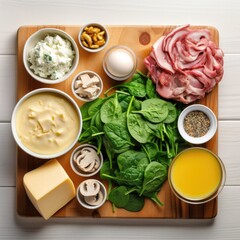 Canvas Print - Ingredients: spinach, sorrel, flour, eggs, yogurt, cheese, spices, baking powder and greens for cooking a delicious vegetarian pie