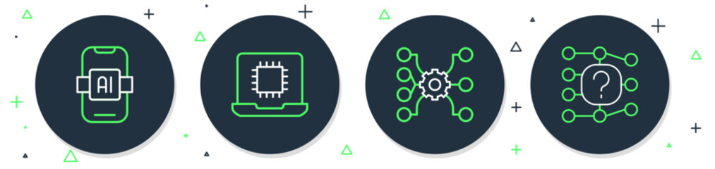 Wall Mural - Set line Processor CPU, Neural network, Artificial intelligence AI and icon. Vector