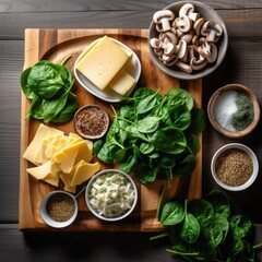 Canvas Print - Ingredients: spinach, sorrel, flour, eggs, yogurt, cheese, spices, baking powder and greens for cooking a delicious vegetarian pie