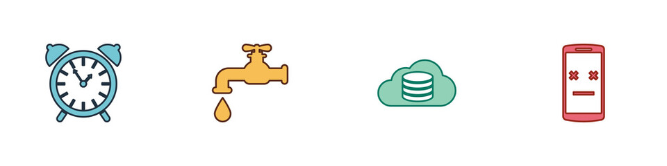 Sticker - Set Alarm clock, Water tap, Cloud database and Dead mobile icon. Vector