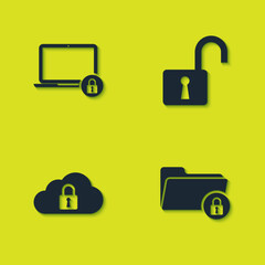 Poster - Set Laptop and lock, Folder, Cloud computing and Open padlock icon. Vector