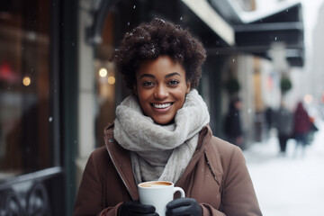 Wall Mural - Portrait of a beautiful pretty young stylish dark-skinned woman enjoying a cup of warm beverage coffee during daytime outdoors under the snowflakes at the christmas market during winter holidays