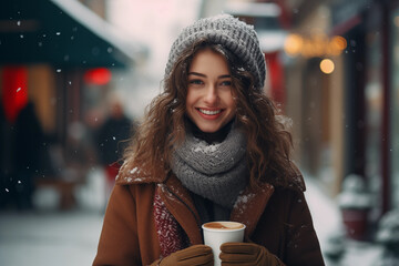 Wall Mural - Portrait of a beautiful pretty young stylish woman enjoying a cup of warm beverage coffee during daytime outdoors under the snowflakes at the christmas market during winter holidays