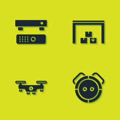 Poster - Set Multimedia and TV box, Robot vacuum cleaner, Drone flying and Warehouse icon. Vector