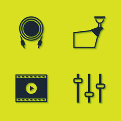 Poster - Set Audio jack, Music equalizer, Online play video and Movie spotlight icon. Vector