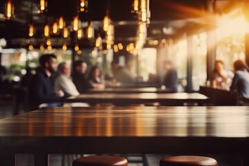 Canvas Print - Blurred background. Retro cafe bar in modern decor. Bokeh ambiance. Abstract urban dining lifestyle at night. Vintage wooden counter. Bar design