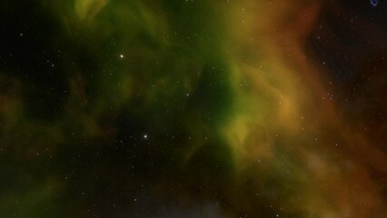 cgi loopable animation space travel throug blue and orange nebula clouds and star clusters.