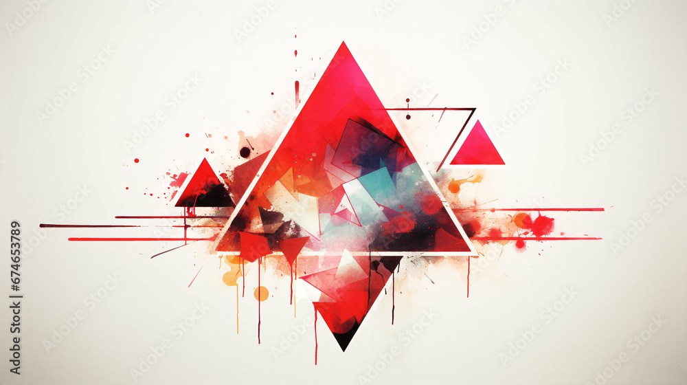 Triangle in red and white and black with a landscape, digital artwork ...