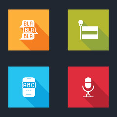 Sticker - Set Speech bubble chat, Flag, Foreign language online study and Microphone voice device icon. Vector