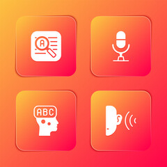 Sticker - Set Translator, Microphone voice device, Learning foreign languages and Ear listen sound signal icon. Vector