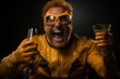 Comic portrait of a fat redhead bearded man in yellow superhero costume wearing eyeglasses with two glasses of beer. Funny smiling dude portrays the friendly Superman and proposing a toast.