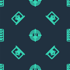 Poster - Set line Head hunting, Shopping basket on laptop and Smartphone with contacts on seamless pattern. Vector