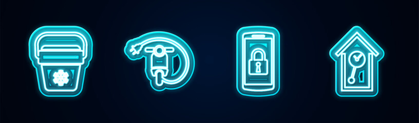 Poster - Set line Cooler bag, Electric scooter, Smartphone with lock and Retro wall watch. Glowing neon icon. Vector