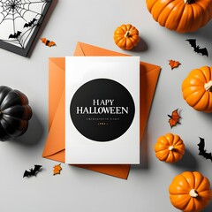 Halloween card with pumpkins, spiders and bats. Vector illustration.