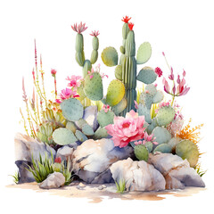 Wall Mural - watercolor cactus plants and rocks