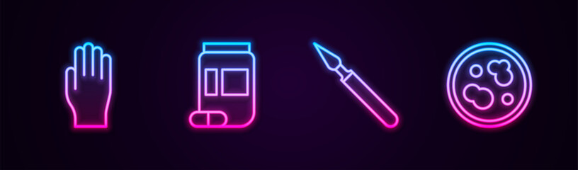 Sticker - Set line Medical rubber gloves, Medicine bottle and pills, surgery scalpel and Petri dish with bacteria. Glowing neon icon. Vector