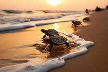 Baby Turtles On The Sea Shore, Wildlife Photography, Focused Shot. Generative AI
