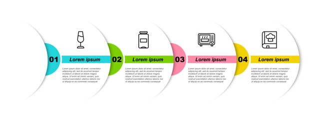 Sticker - Set line Wine glass, Jam jar, Microwave oven and Cookbook. Business infographic template. Vector