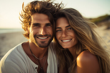 Young couple portrait two lovers spending time sunny country travelers Generative AI