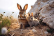 Cute rabbit with baby rabbits in the wild, wildlife photography. Generative Ai